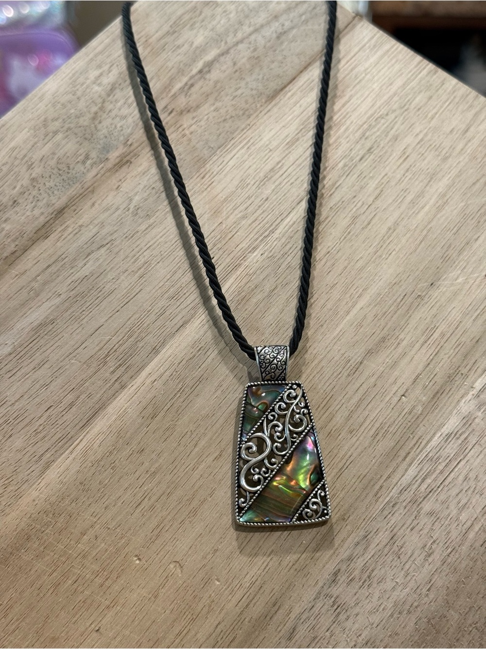 LIA SOPHIA Swept Away Necklace w/ Abalone Pendant and Black Cord